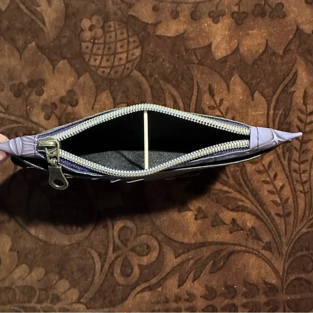 Wallet purple flowers black purse pall card holder zipper hand made - Picture 8 of 8